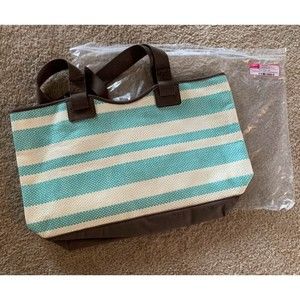 NWT Thirty-One 31 Euro Straw Tote Turquoise Stripe